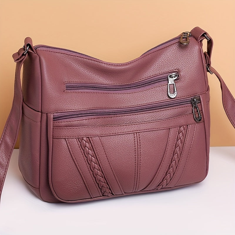 Braided Detail Crossbody Bag - Women's Fashion Faux Leather Multi-Pockets Purse